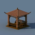 Traditional Chinese Pavilion With Red Tile Roof Wooden Structure And Carved Decorations Bench Stone Table