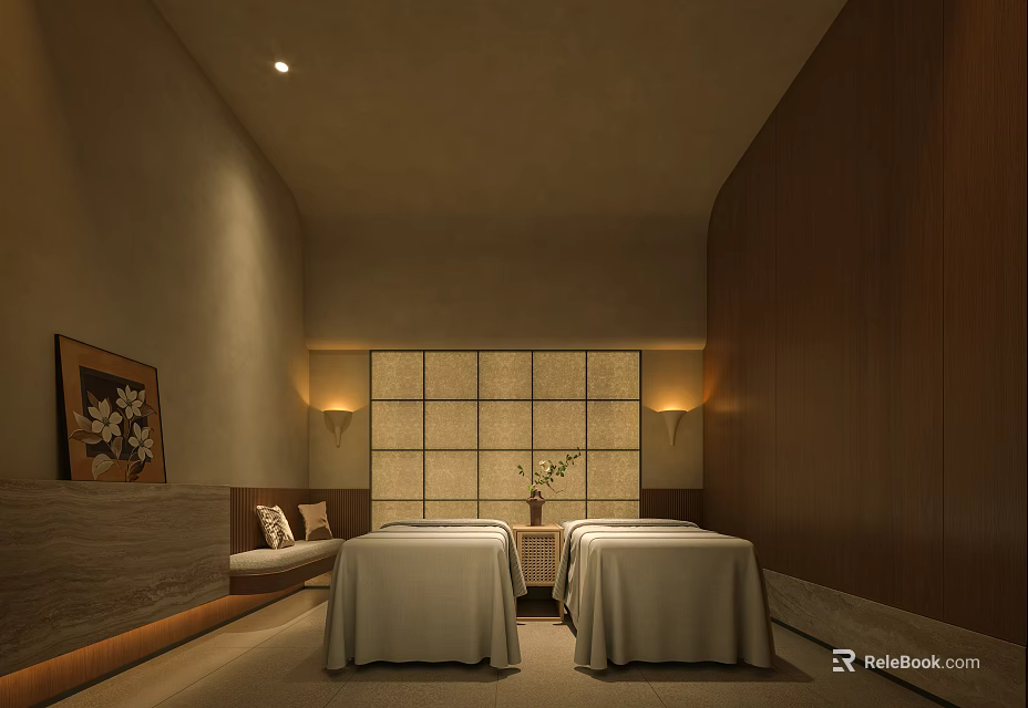 Relaxing SPA Sauna Interior With Massage Beds Decorative Painting And Soft Lighting 3d model 