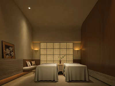 Relaxing SPA Sauna Interior With Massage Beds Decorative Painting And Soft Lighting 3d model