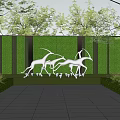 Dynamic White Antelope Sculpture in Outdoor Courtyard with Green Vertical Wall and Gray Floor Tiles