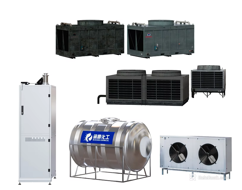 Industrial Equipment Including Cooling Towers Storage Tank Control Cabinet And Ventilation Units 3d model 
