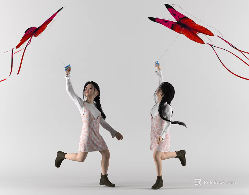 Two Young Women Running And Flying Red Kites With Joyful Expressions In Dresses 3d model 