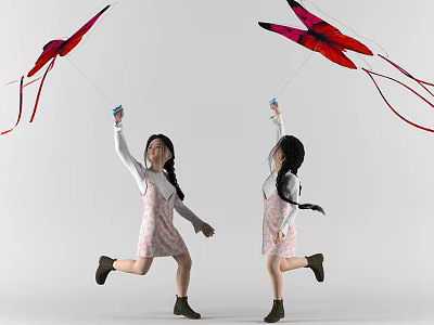 Modern girl little girl playing zither 3d model