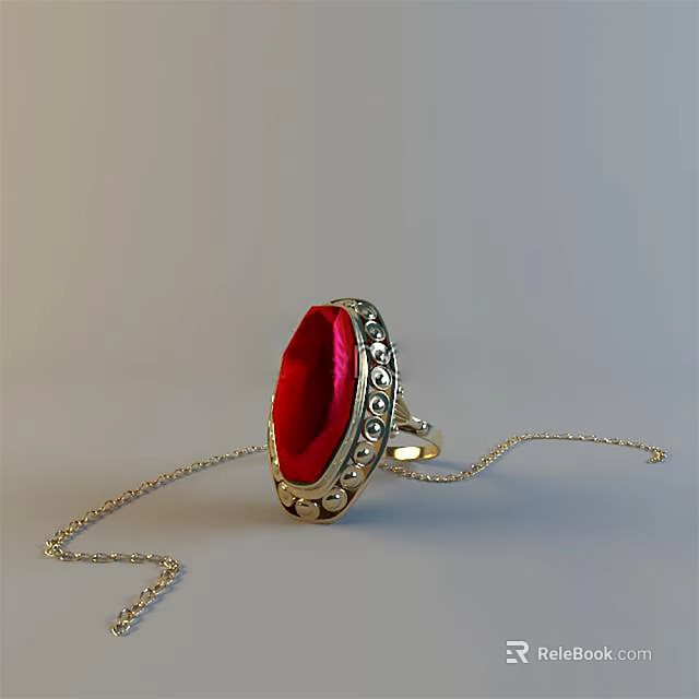 Elegant Red Gemstone Ring with Small Diamond Decorations and Silver Necklace 3d model 