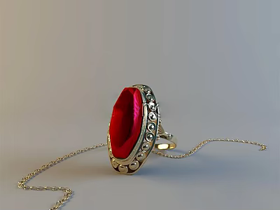 Elegant Red Gemstone Ring with Small Diamond Decorations and Silver Necklace 3d model