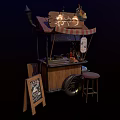 Small Wooden Food Stall With Striped Awning Chalkboard Menu And Red Stool