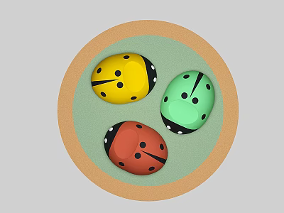 Three Colorful Ladybug Shaped Public Chairs With Circular Background Design 3d model
