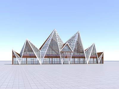Modern Architectural Structure With Triangular Roofs Wooden Frames And Glass Facades 3d model