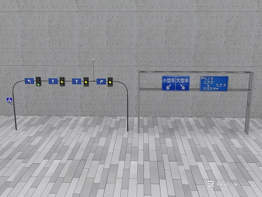 Road Facilities Featuring Arched Structure With Blue Yellow Signs And Metal Brackets On Gray Floor 3d model 