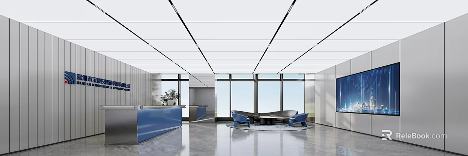 Modern Office Space Design With Blue Reception Desk Large Windows And Lounge Area Sofas 3d model 