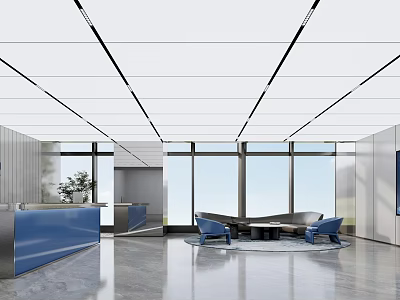 Modern Office Space Design With Blue Reception Desk Large Windows And Lounge Area Sofas 3d model