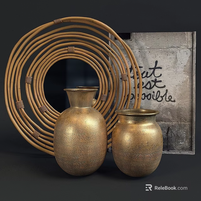 Stylish Decorative Ornament Set With Wicker Circular Decor And Golden Textured Vases 3d model 