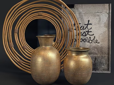 Stylish Decorative Ornament Set With Wicker Circular Decor And Golden Textured Vases 3d model