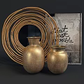 Stylish Decorative Ornament Set With Wicker Circular Decor And Golden Textured Vases