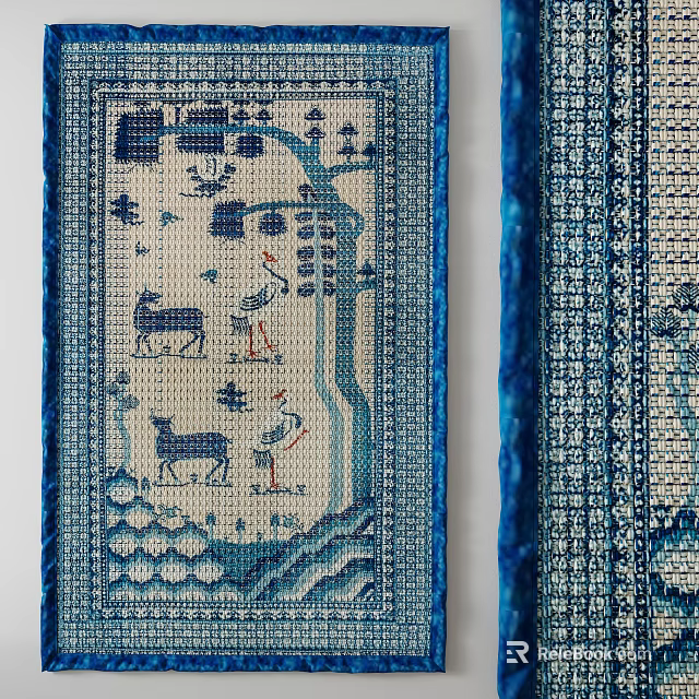 Blue and White Square Carpet With Embroidered Deer Cranes Trees and Geometric Border 3d model 