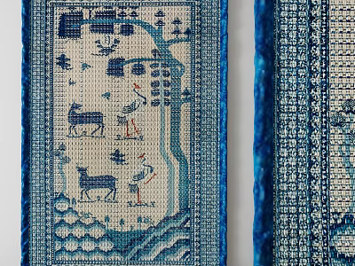 Blue and White Square Carpet With Embroidered Deer Cranes Trees and Geometric Border 3d model