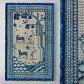 Blue and White Square Carpet With Embroidered Deer Cranes Trees and Geometric Border