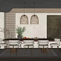 Modern Open Concept Restaurant Dining Area With Wooden Table Woven Pendant Lights And Green Plants