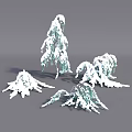 Snow Covered Shrubs With Various Shapes And Green Branches In Winter Scene