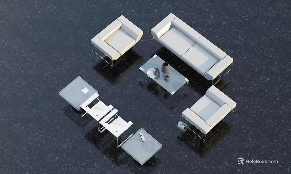 Modern White Sofa and Glass Coffee Table Set with Metal Frame Design 3d model 