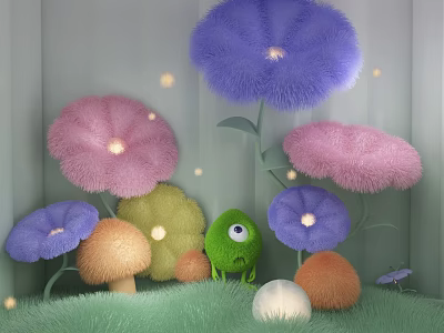 Whimsical Floral Installation With Fluffy Multicolored Flowers Mushroom Decor And Glowing Lights 3d model