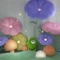 Whimsical Floral Installation With Fluffy Multicolored Flowers Mushroom Decor And Glowing Lights