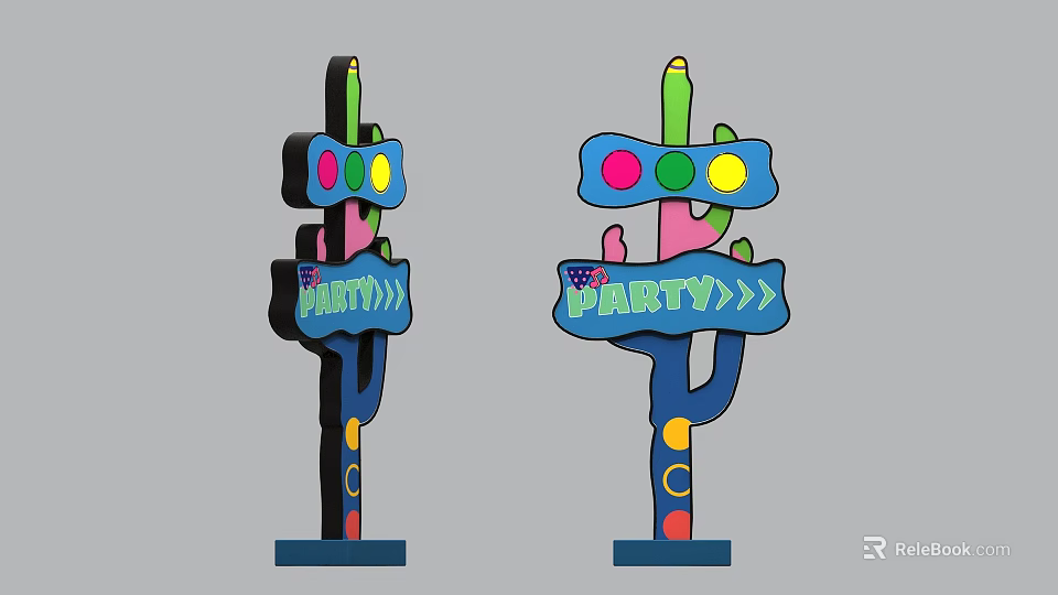 Colorful Decorative Party Signs With Vibrant Cactus Shaped Design And Party Text 3d model 