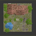 Cartoon Scene With Small Red Roof House Blue Roofed Pavilion Green Trees And Vegetable Garden