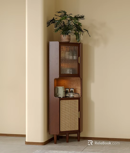 Modern Sideboard Design With Potted Plant Glass Door Rattan Panel And Small Items On Shelf 3d model 