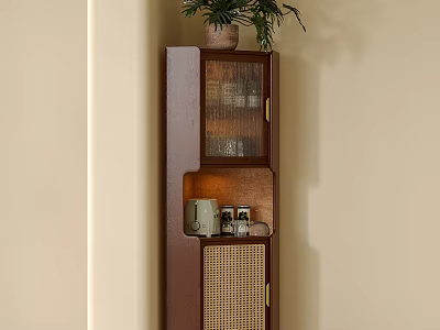 Modern Sideboard Design With Potted Plant Glass Door Rattan Panel And Small Items On Shelf 3d model