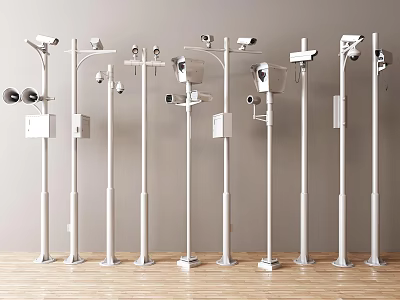 Assorted Security Surveillance Cameras with Mounting Poles and Speakers 3d model