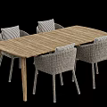 Rustic Wooden Dining Table Set With Wicker Chairs And Striped Cushions 3d model