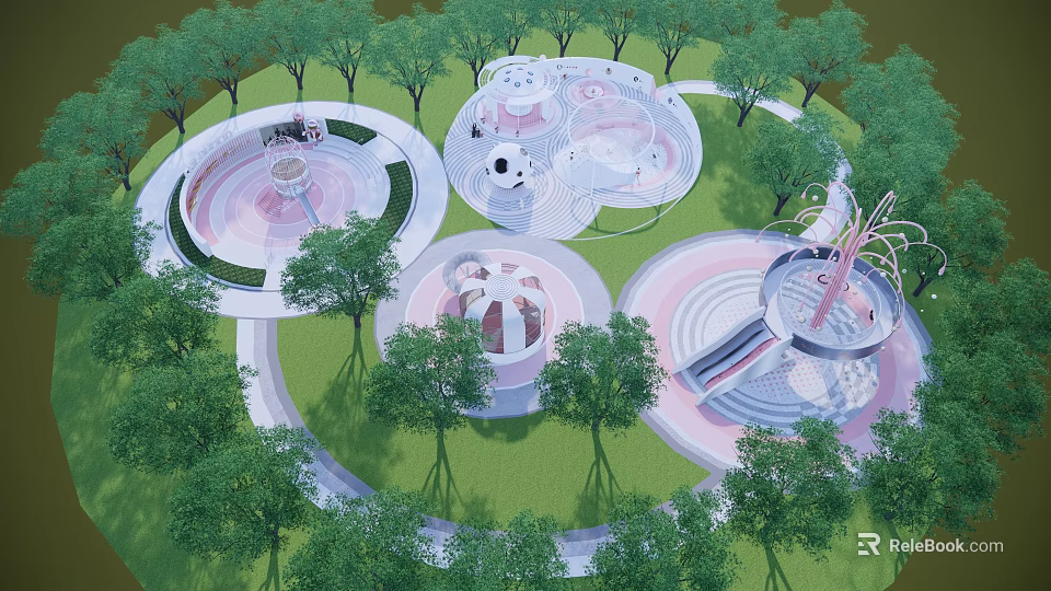 Colorful Children's Play Area Surrounded by Green Trees With Circular Structures And Slide 3d model 