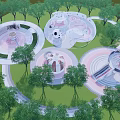 Colorful Children's Play Area Surrounded by Green Trees With Circular Structures And Slide