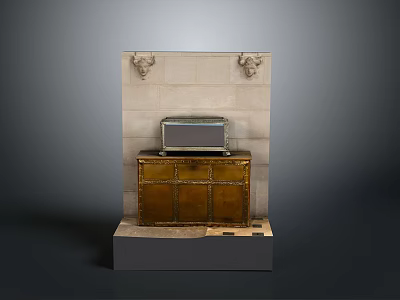 Classic Golden Furniture Cabinet On Stone Wall With Deer Head Decorations And Vintage Radio 3d model