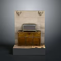 Classic Golden Furniture Cabinet On Stone Wall With Deer Head Decorations And Vintage Radio