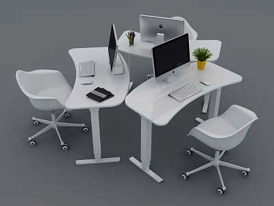 Modern White Office Desk Setup With Two Computers Ergonomic Chairs And Potted Plant 3d model