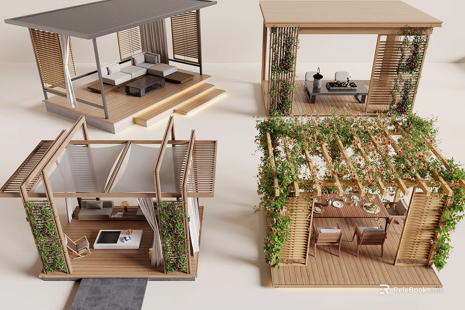 Modern Wooden Pergola Design With Greenery Outdoor Seating Tables And Roof 3d model 