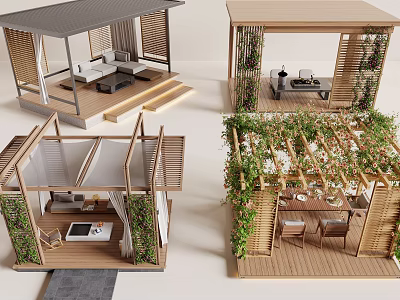 Modern Wooden Pergola Design With Greenery Outdoor Seating Tables And Roof 3d model