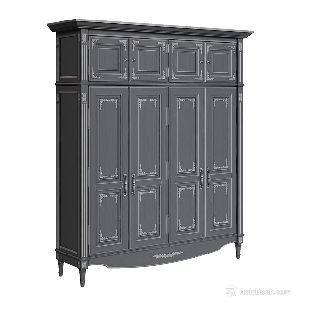 Elegant Dark Gray Wardrobe Featuring Carved Details Decorative Trim Multi Door Design and Sturdy Legs 3d model 