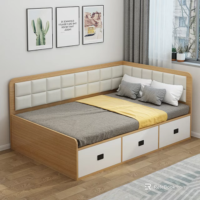 Bedroom Interior With Wooden Bed Upholstered Headboard Storage Drawers Gray Sheet Yellow Blanket Wall Art 3d model 