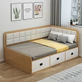 Bedroom Interior With Wooden Bed Upholstered Headboard Storage Drawers Gray Sheet Yellow Blanket Wall Art