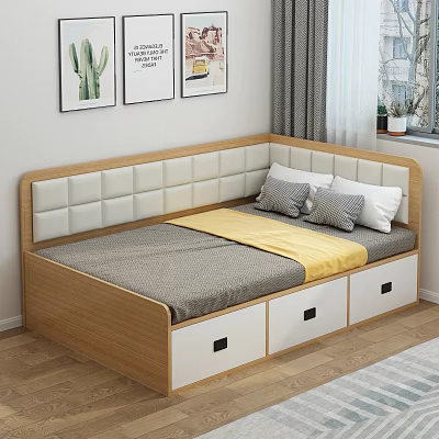 Bedroom Interior With Wooden Bed Upholstered Headboard Storage Drawers Gray Sheet Yellow Blanket Wall Art 3d model