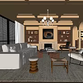 Elegant Warm Living Room Interior With Beige Sofa Fireplace Bookshelves Chandelier And Coffered Ceiling Artwork