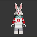 Lego Style Rabbit With Pink Ears Red Nose Red White Outfit Heart Pattern Blue Collar