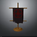 Traditional Wooden Banner Stand With Dark Fabric And Red Cross Symbol