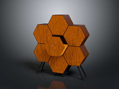 Geometric Wooden Hexagonal Decorative Structure Design With Metal Support Legs For Home 3d model