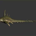 Prehistoric Aquatic Animal With Green Yellow Body Spiked Dorsal Fin Sharp Teeth Streamlined Shape