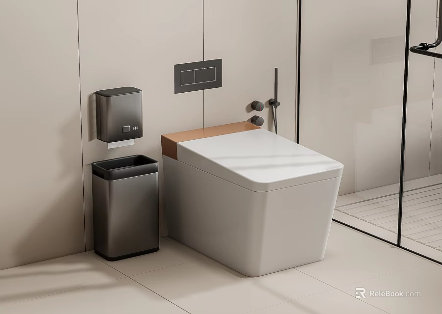 Modern White Toilet with Silver Trash Bin Soap Dispenser Light Walls Glass Shower and Bathroom 3d model 