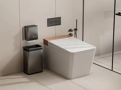 Modern White Toilet with Silver Trash Bin Soap Dispenser Light Walls Glass Shower and Bathroom 3d model